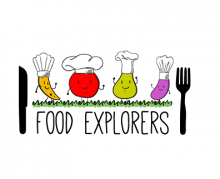 Food Explorers logo featuring a knife, fork, and cute fruits and vegetables in chef hats