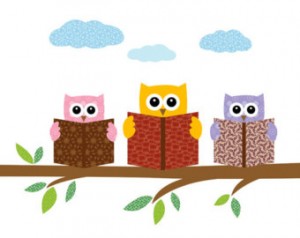 Stories and Crafts Storytime graphic showing three illustrated owls reading books on a tree branch