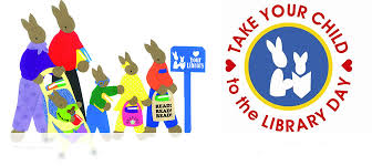 Rabbit family walking and Take Your Child to the Library Day logo