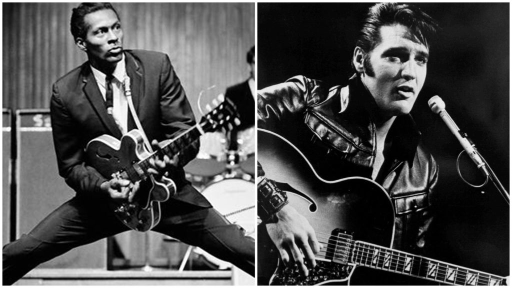 Black and white photos of Chuck Berry and Elvis Presley performing.