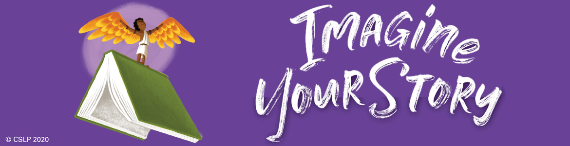 A purple background with the text "Imagine Your Story: and an illustration of a person with brown skin and golden wings on top of an open green book.