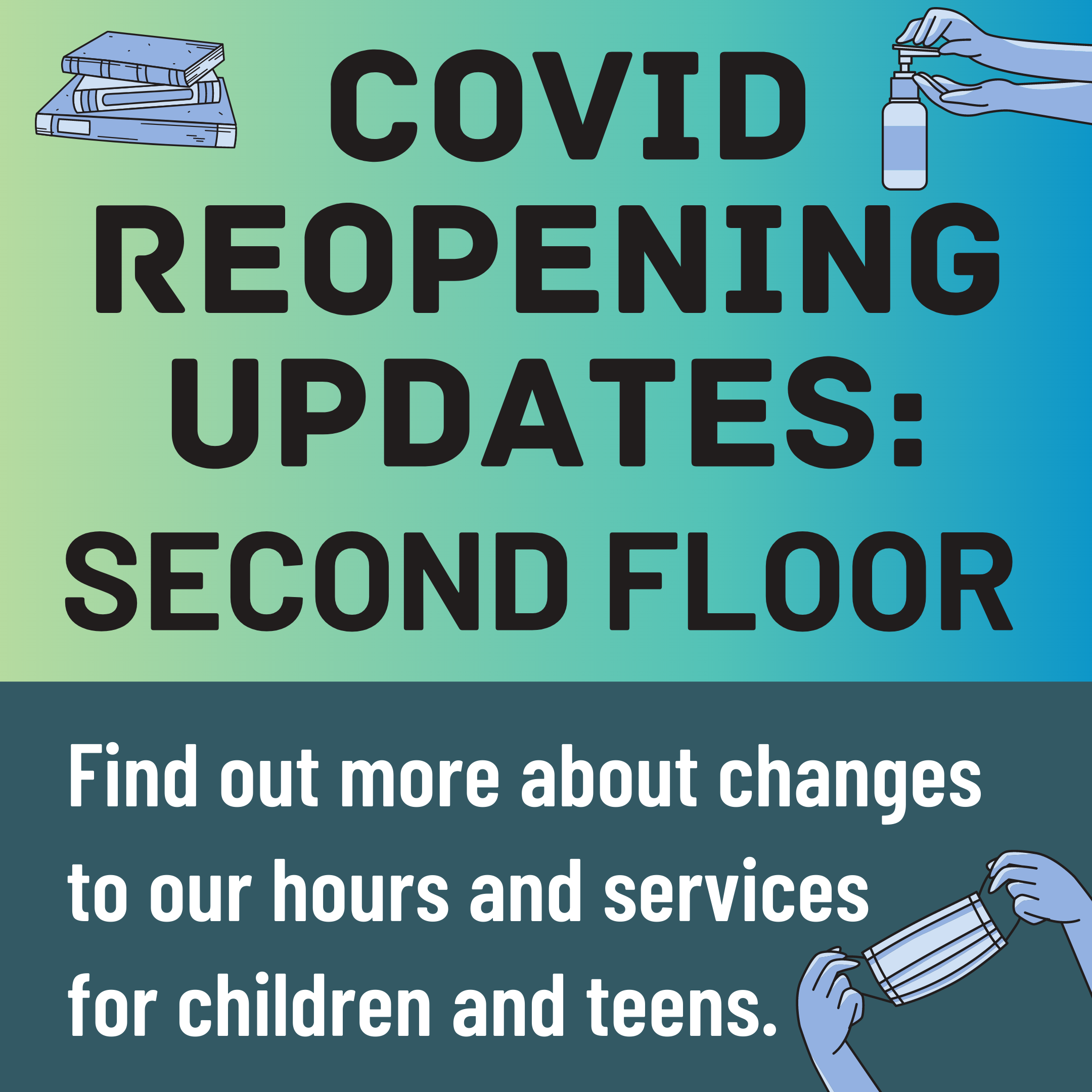 A green and blue slide with the text "Covid Reopening Updates: Second Floor. Find out more about changes to our hours and services for children and teens" and clip art of books, hand sanitizer, and a face mask.