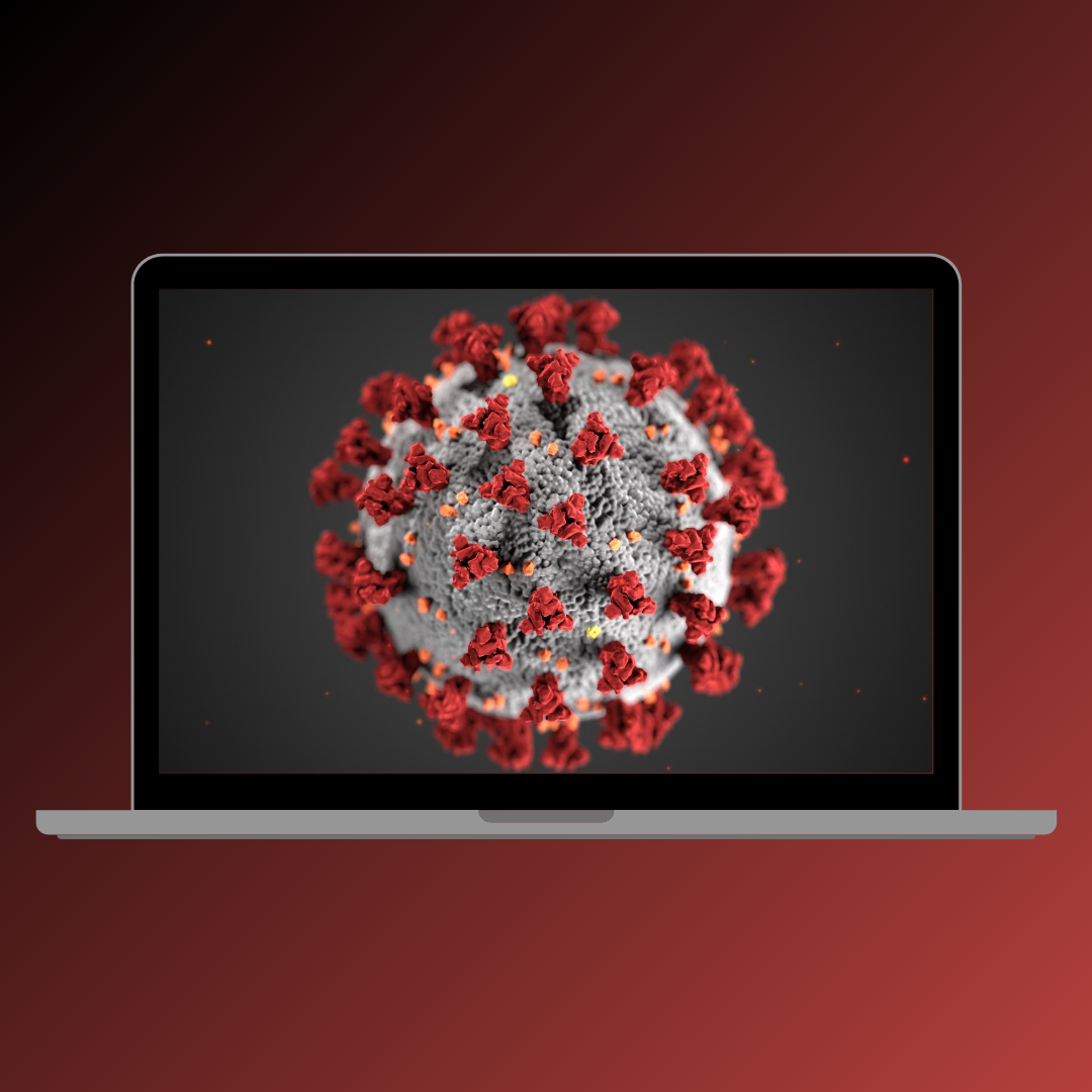 A laptop showing a picture of the coronavirus