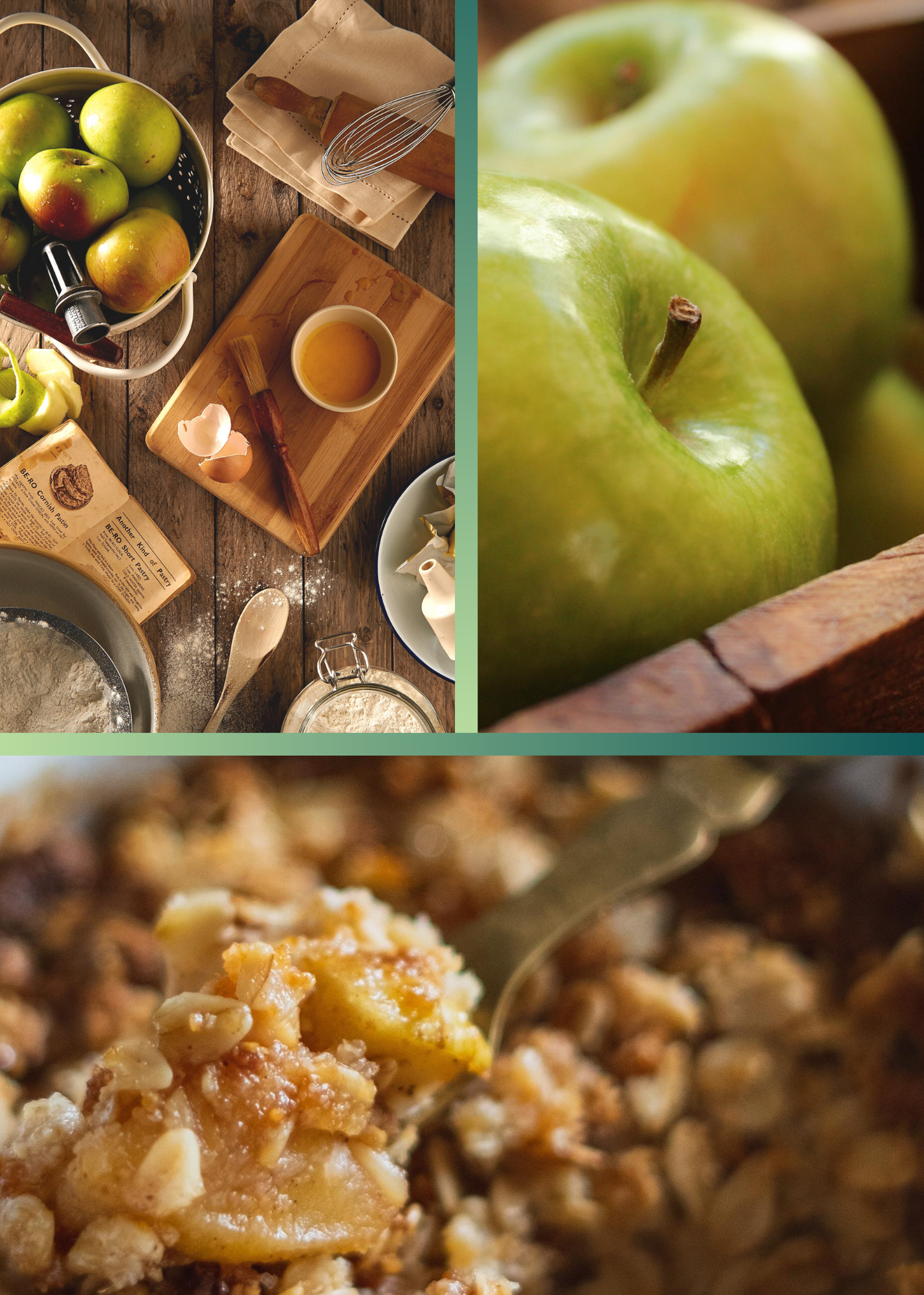 a three picture collage containing photographs of green apples, apple crumble, and baking ingredients.