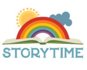Storytime clipart with an open book with a rainbow, sun and cloud.