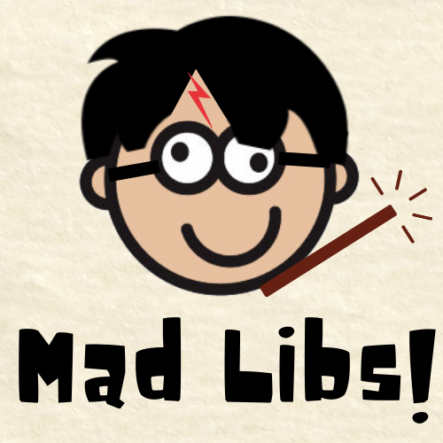 An image of the Mad Libs goofy face logo that has been altered to look like Harry Potter with the text "Mad Libs!"