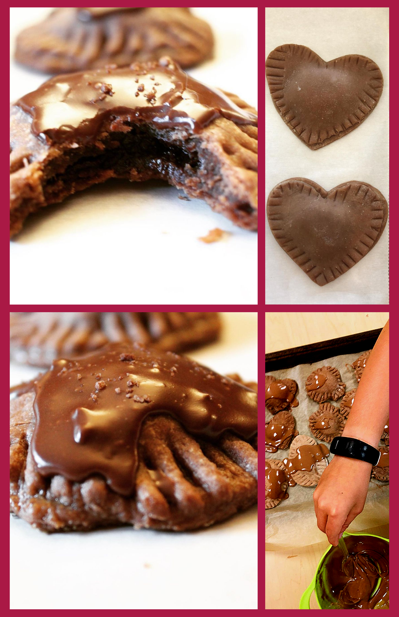 A collage of four pictures of rich, homemade chocolate poptarts. They have a rich filling and shiny chocolate icing.