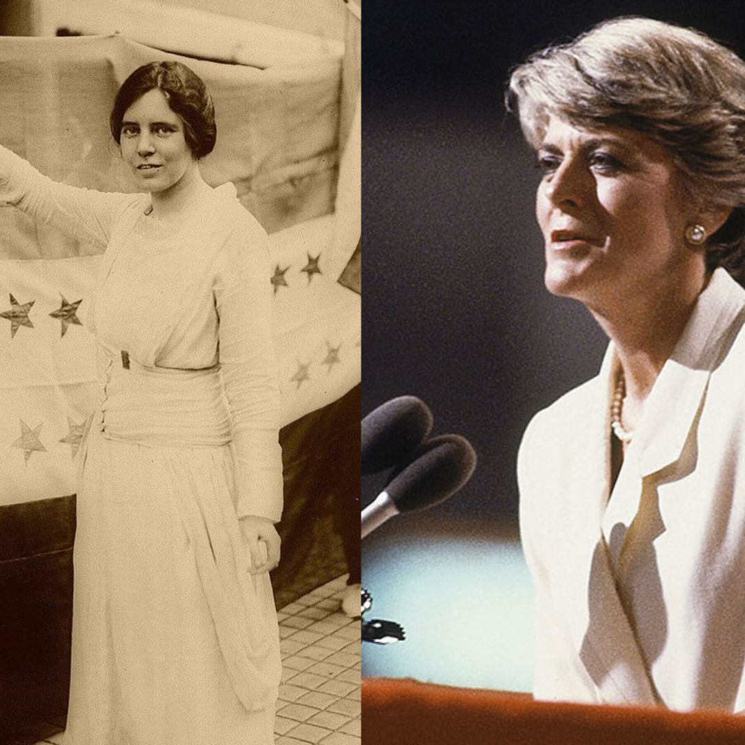 Image of Alice Paul in front of a suffragist banner and Geraldine Ferraro at a podium