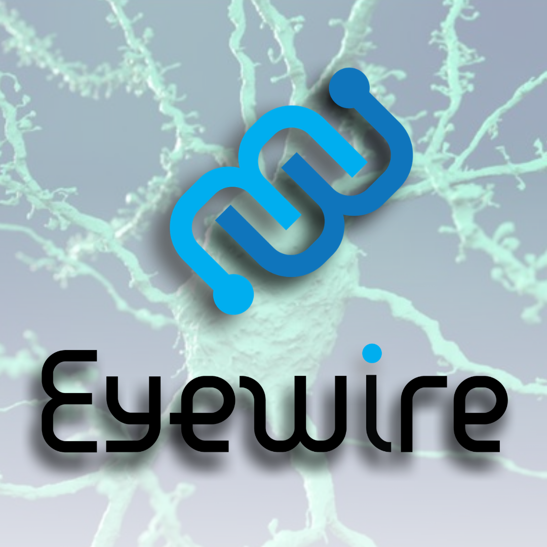 The Eyewire logo, two entwining round eyes in blue over an image of an aqua neuron