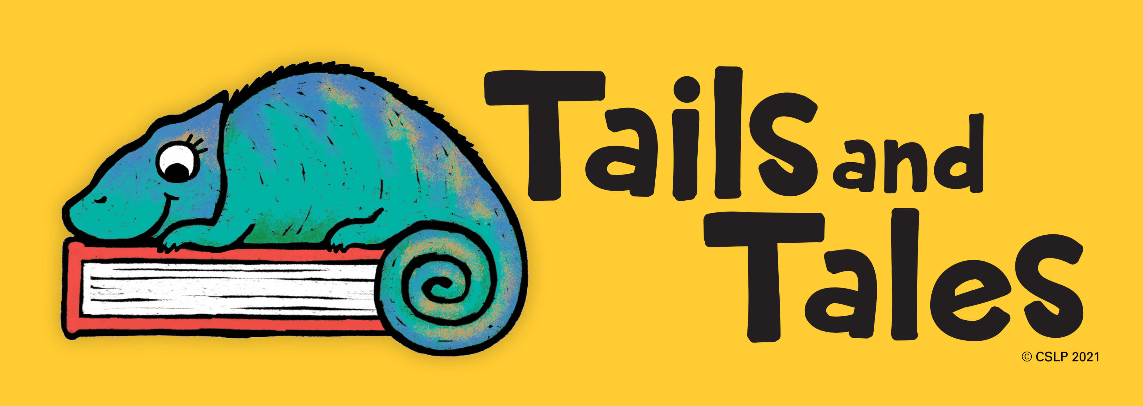 Tails and Tales banner with teal lizard on red book on yellow background.