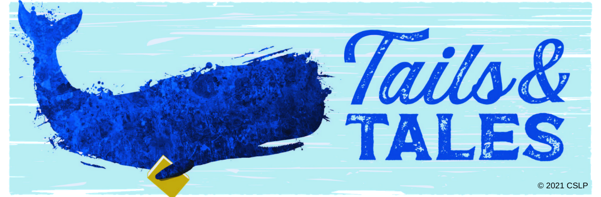 A sperm whale holding a book with the text "Tails & Tales"