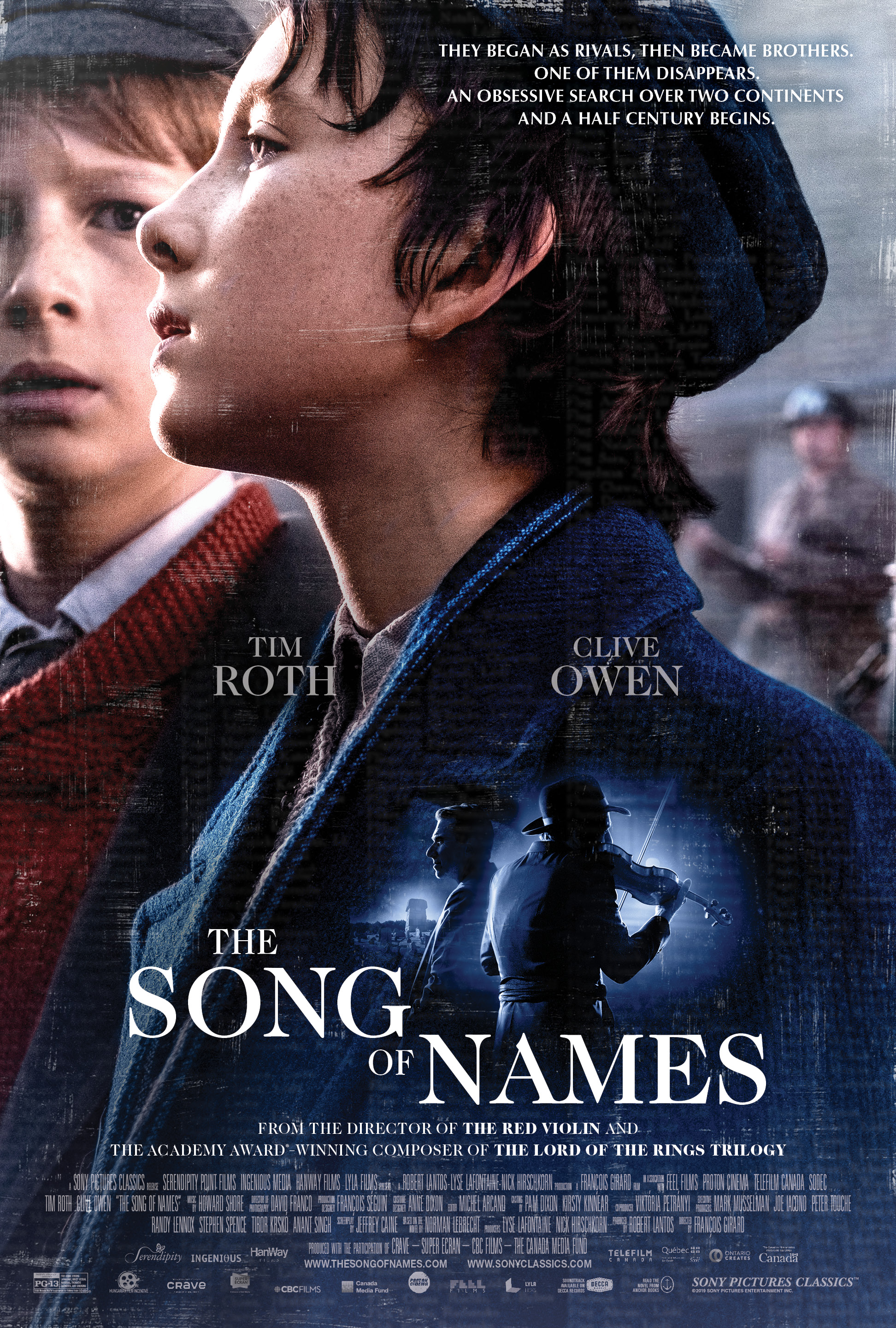 Poster for Film "Song of Names", two boys looking to the left, and an image of a man playing a violin
