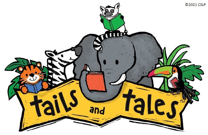 Tails and tales image of jungle animals reading books with yellow banner.