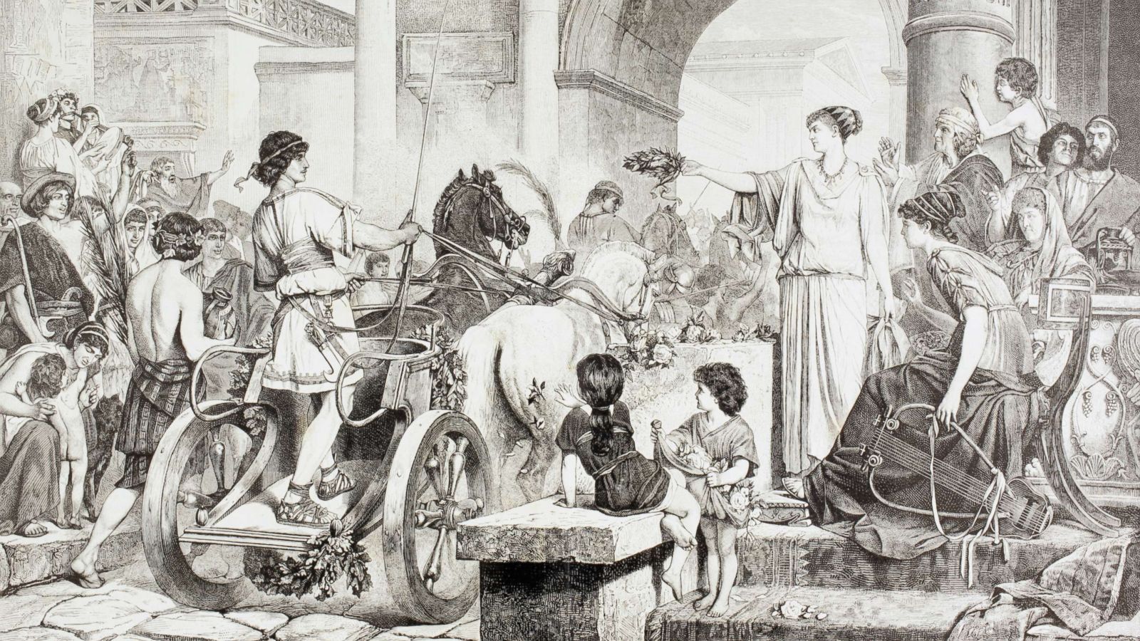 Artwork of Olympics from ancient times, a person on a horse is receiving a laurel from a woman on a stand 