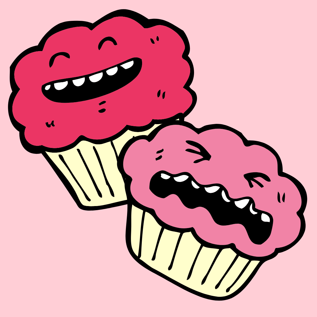 Two pink cupcake drawings, one with a smiley face and one with a sad face
