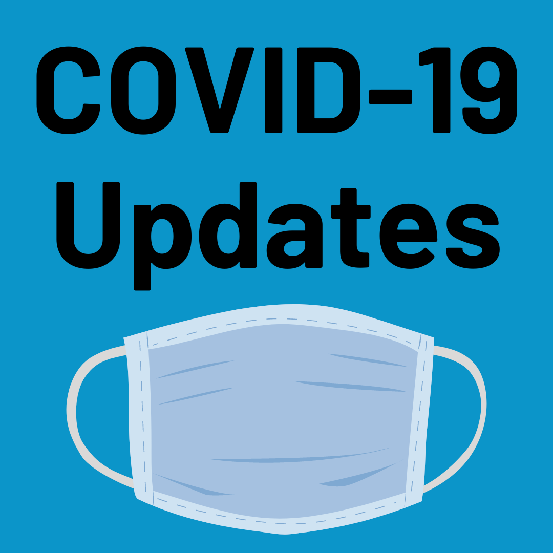 Text reads "COVID-19 Updates." Below is a picture of a surgical mask.