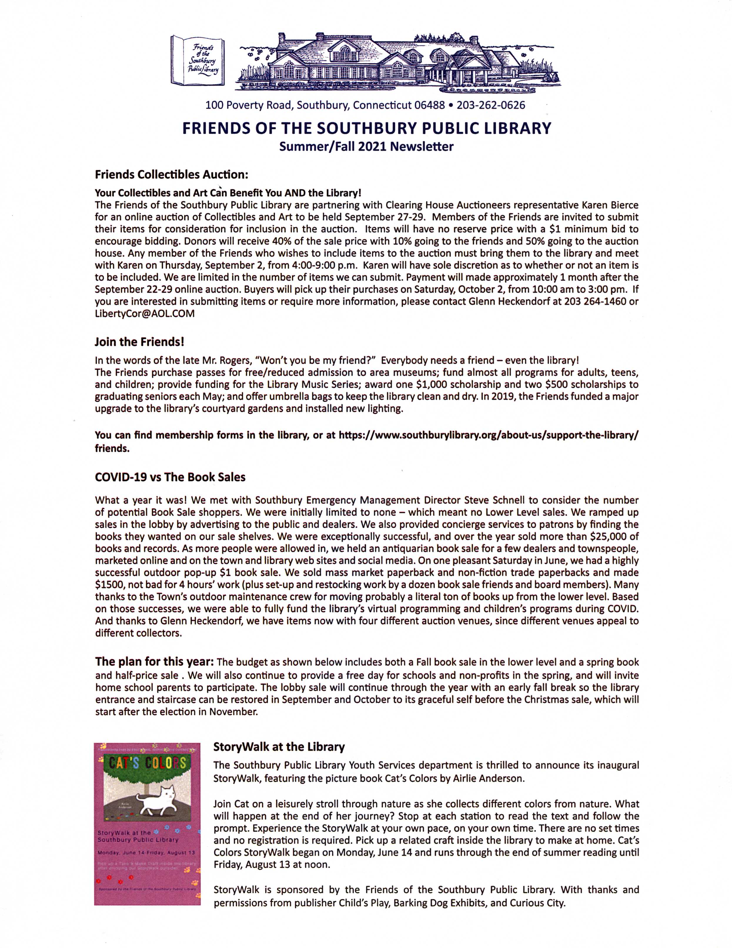 First page of the Friends of the Southbury Library's Summer/Fall 2021 Newsletter