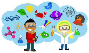 STEAM clipart graphic of two children with science illustrations in a cloud. 