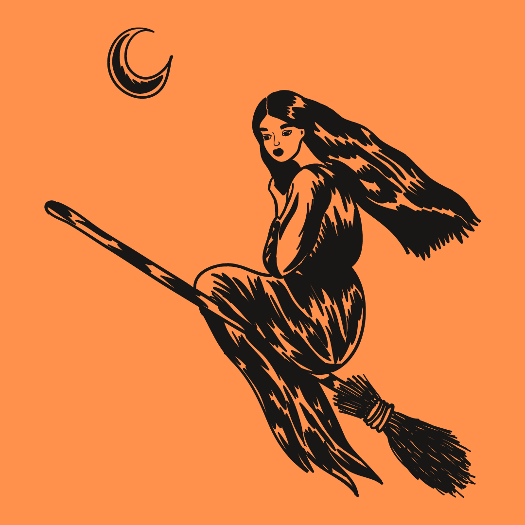 Image of a witch on a broom near the moon