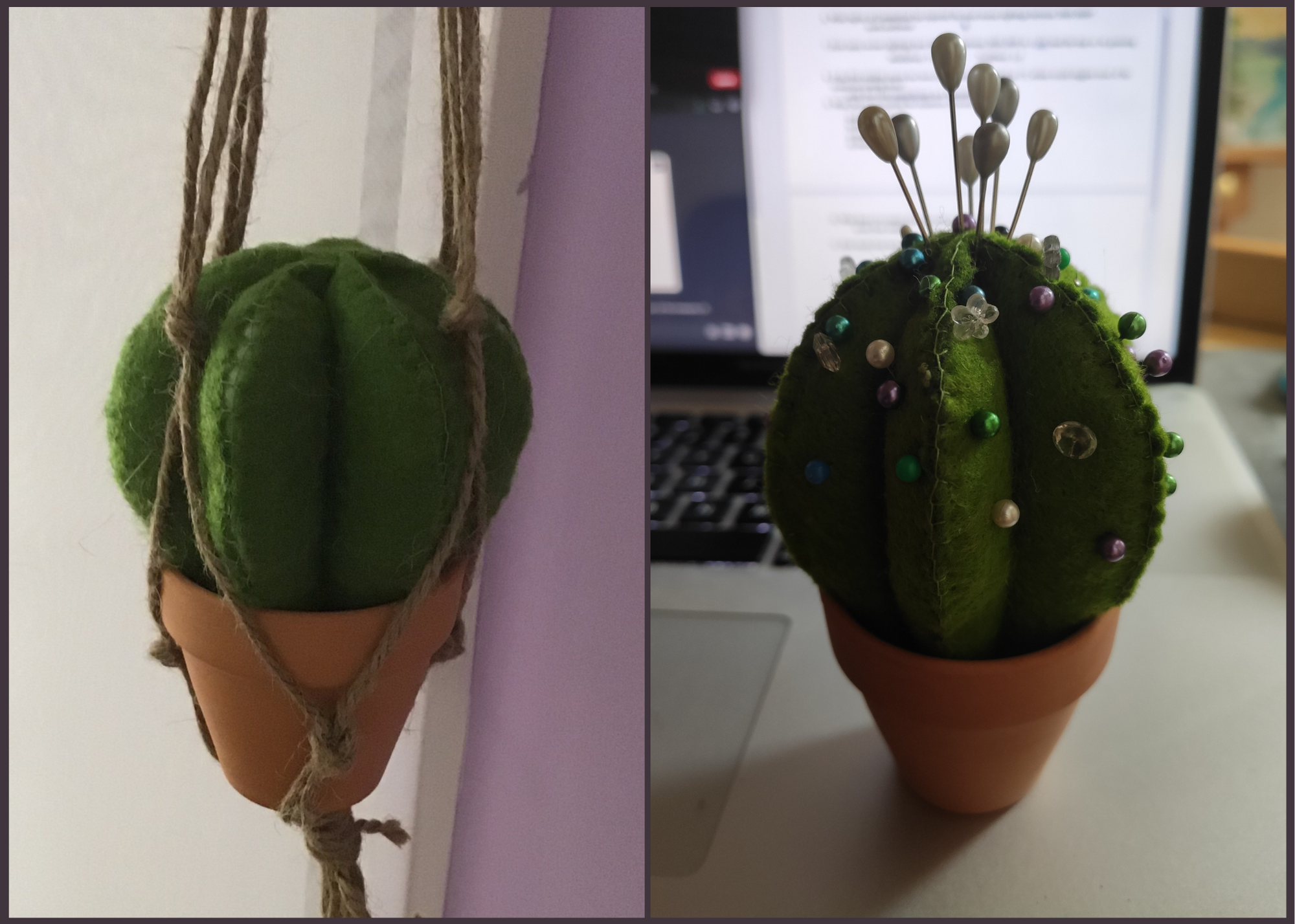 Two small felt barrel cacti in terracotta pots. The left one is hanging from a macrame plant holder. The right one is being used as a pin cushion.