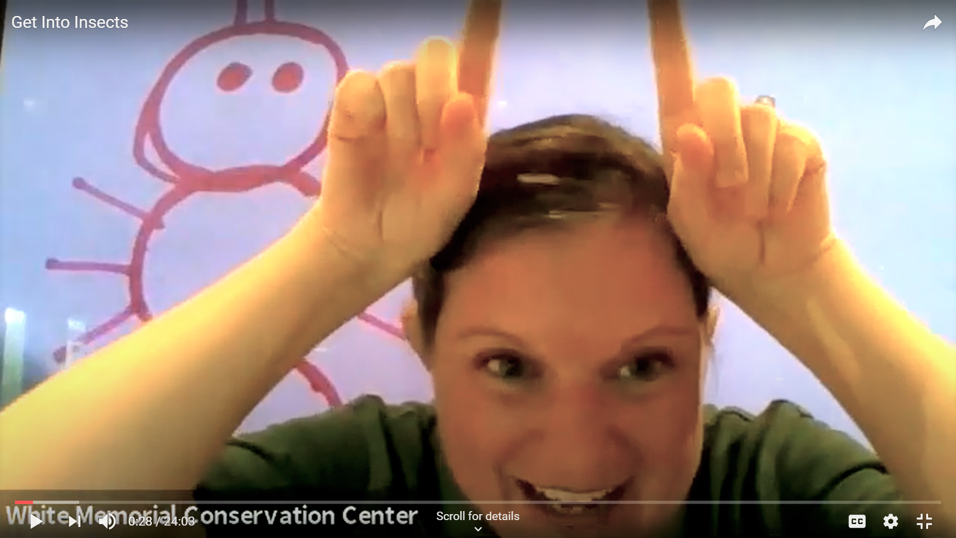 A screenshot of Carrie Szwed of the White Memorial Conservation Center using her fingers as antennae.