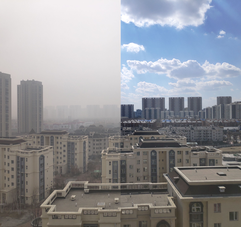 Smog and sunny day within 10-day interval in Fanhe, China. The left half of the image is gray with very short visibility, while the right half is much clearer and brighter, with buildings visible to the horizon.