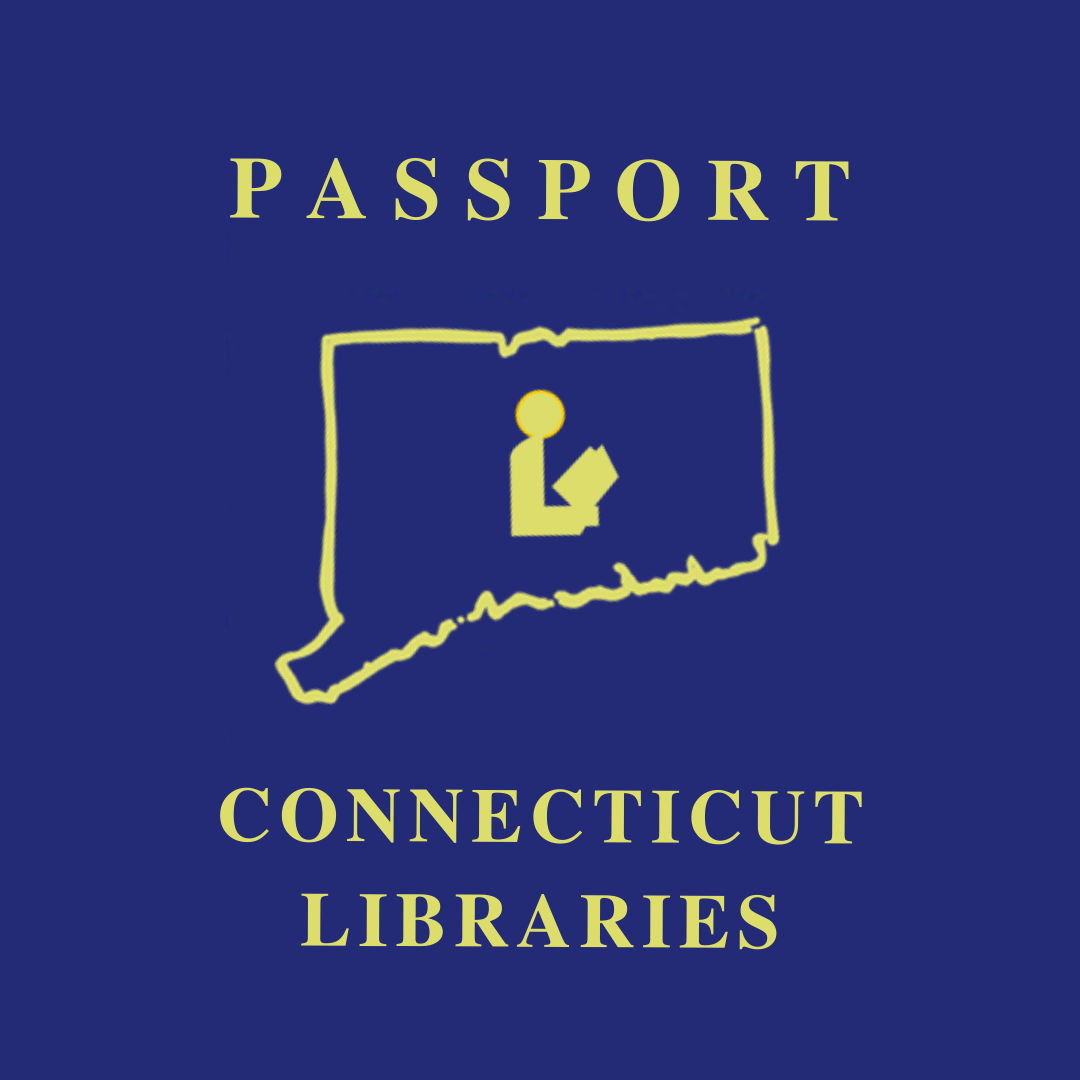 A blue background with gold text reading "Passport Connecticut Libraries" and a gold outline of the state of Connecticut surrounding the ALA library symbol (a person reading)