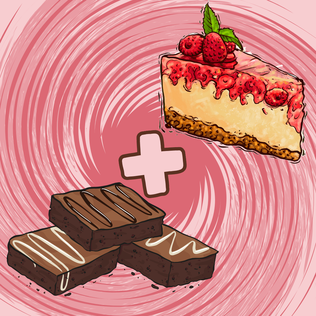 Raspberry cheesecake and brownies swirling together on a pink background