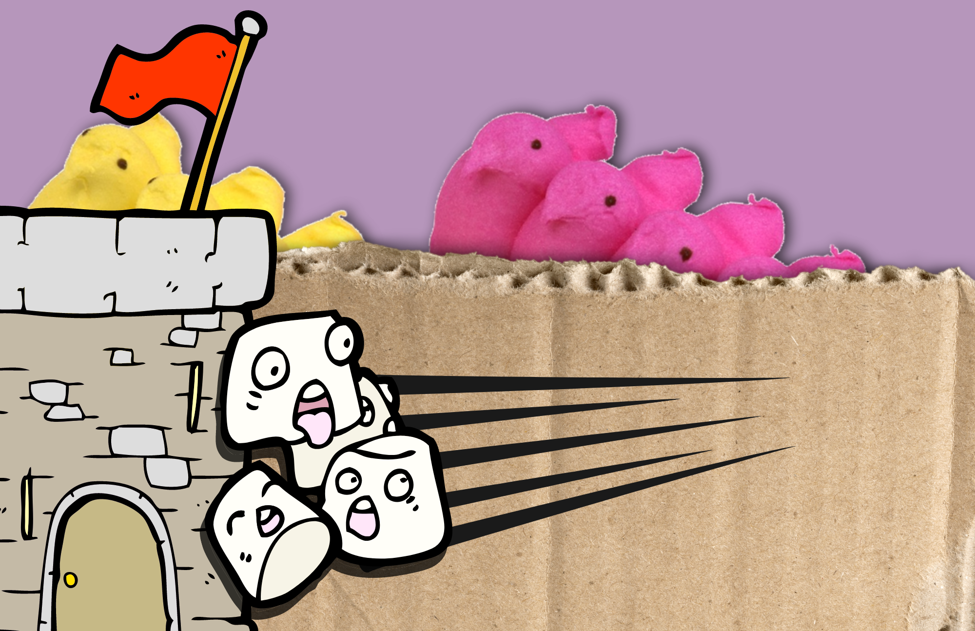 Cartoon marshmallows being thrown at a cardboard fort with marshmallow peeps behind it