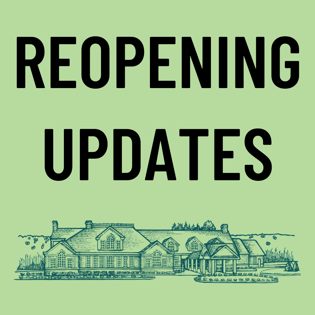 The text "Reopening Updates" on a green background with a sketched image of the library underneath.