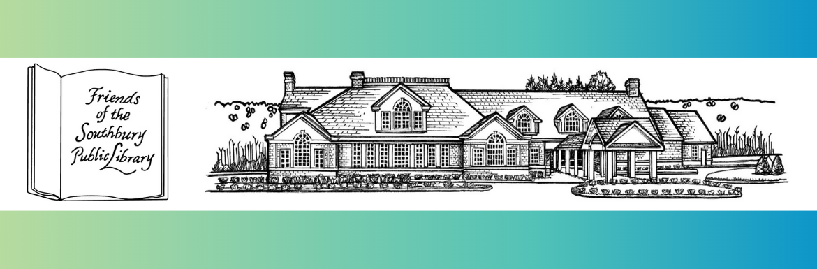 A black and white sketch of the library accompanied by the Friends of the Southbury Public Library's logo: their name on the pages of an open book