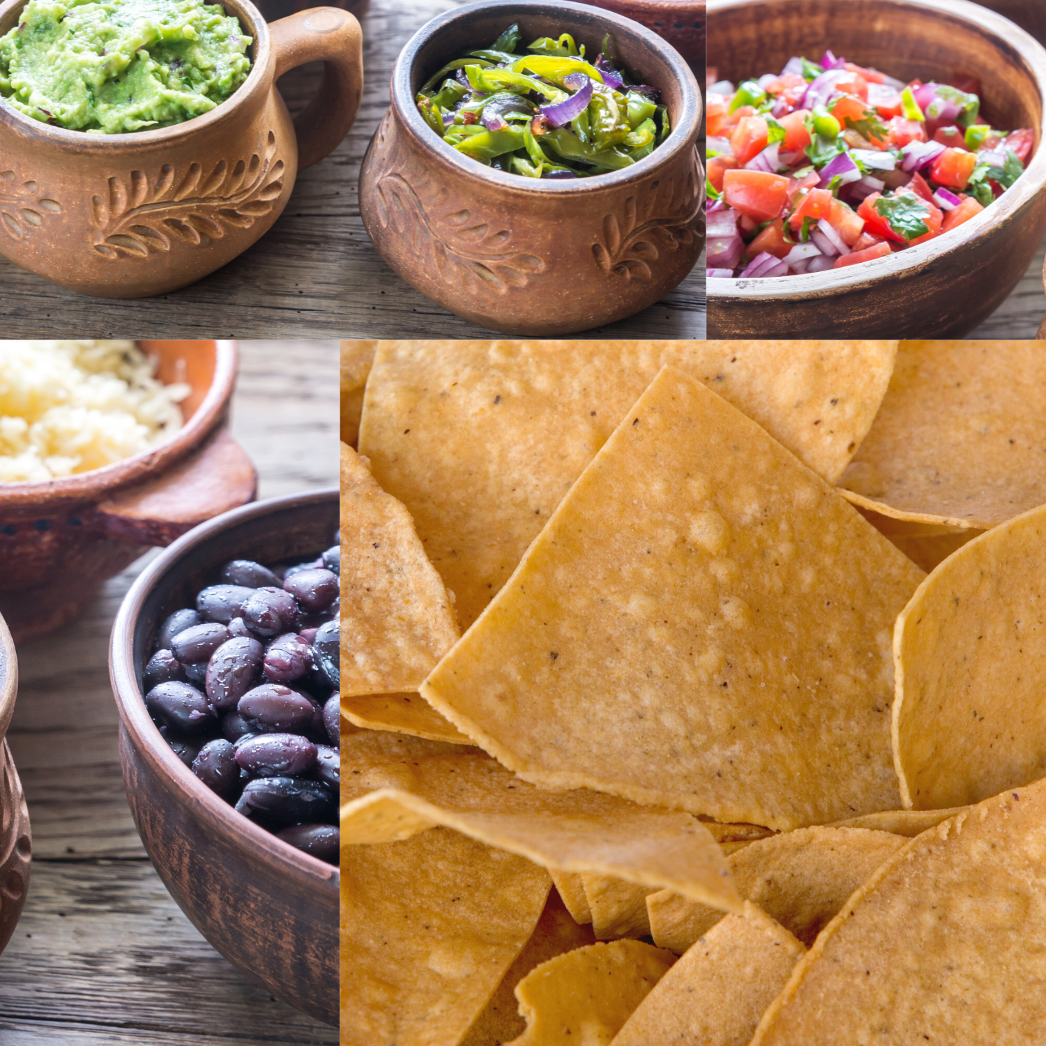 A collage of pictures of tortilla chips and bowls of black beans, avocado, and chopped tomatoes.