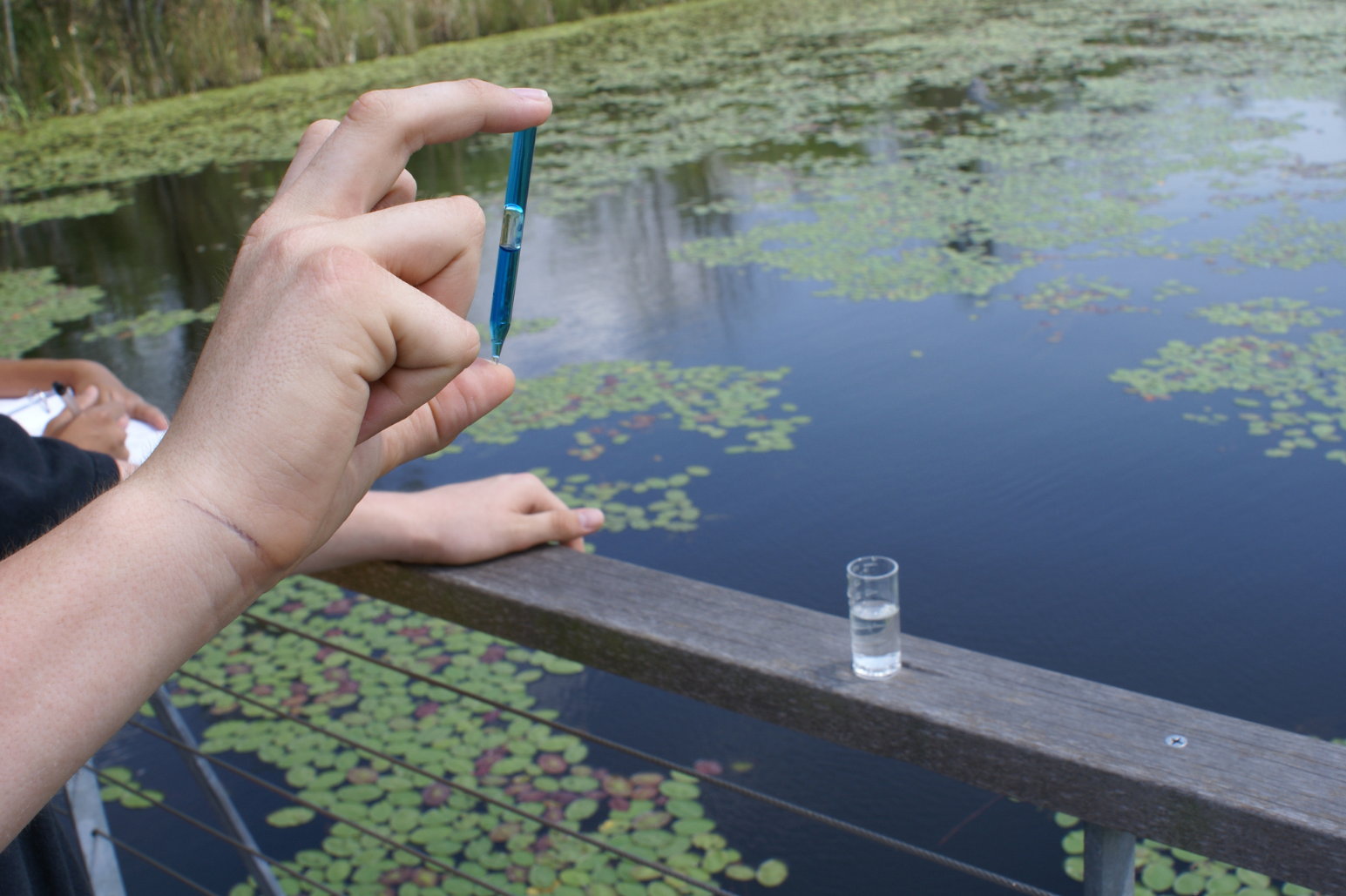 A hand holding up a blue test tube in front of a pond with railing. To the right, hands with a notebook are visible taking notes.
