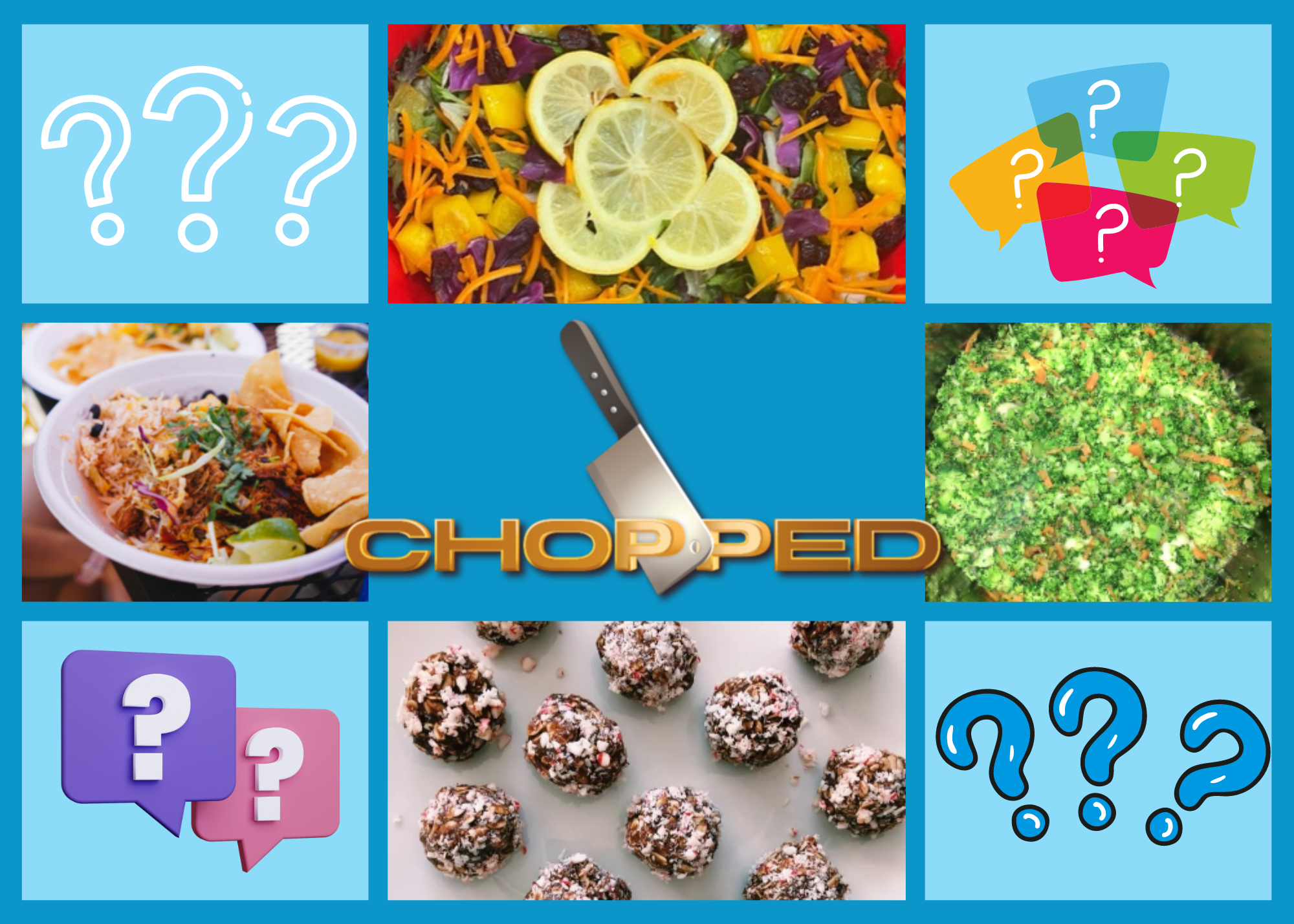 the chopped logo on top of a series of images mixing up question marks and different food recipes