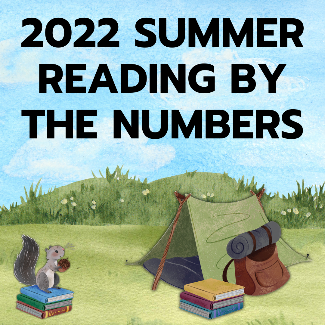 The text "2022 Summer Reading By the Numbers" overlaid on top of a watercolor illustration of a tent with books and squirrel with books in a grassy landscape with a bright blue sky