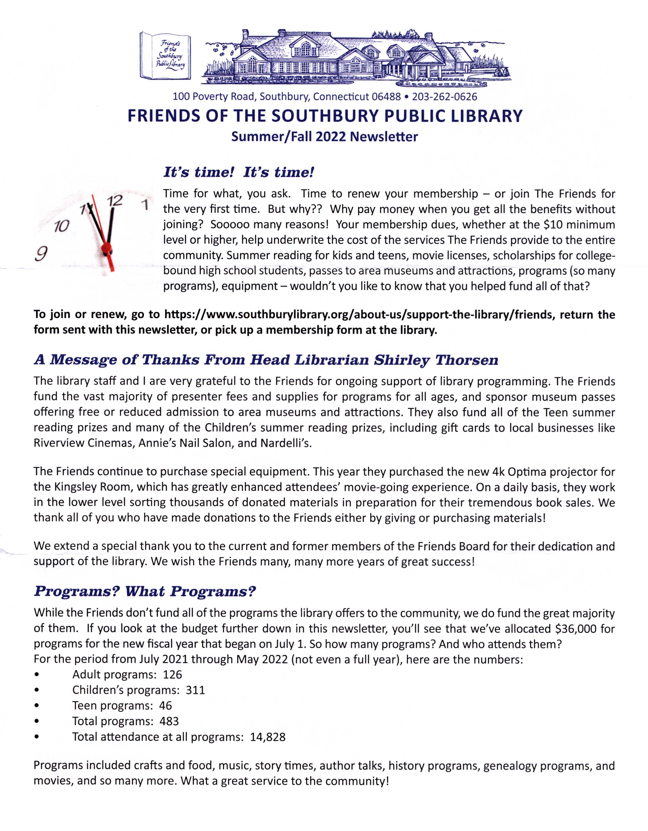 A jpg image of the first page of the Friends 2022 Newsletter. For a PDF version, keep scrolling down this webpage.
