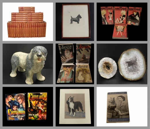 A grid of photos displaying items for sale including antique books, geodes, manga, and dog art.