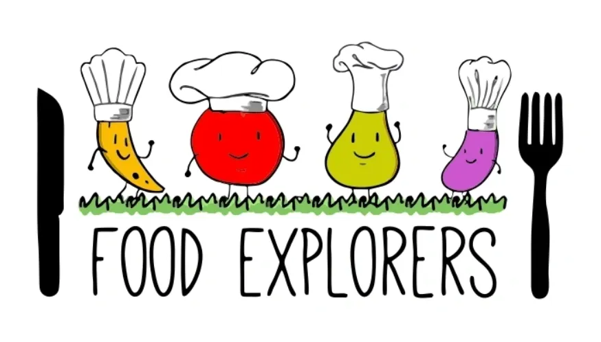 Food Explorers Logo: smiling fruits and veggies in chef's hats