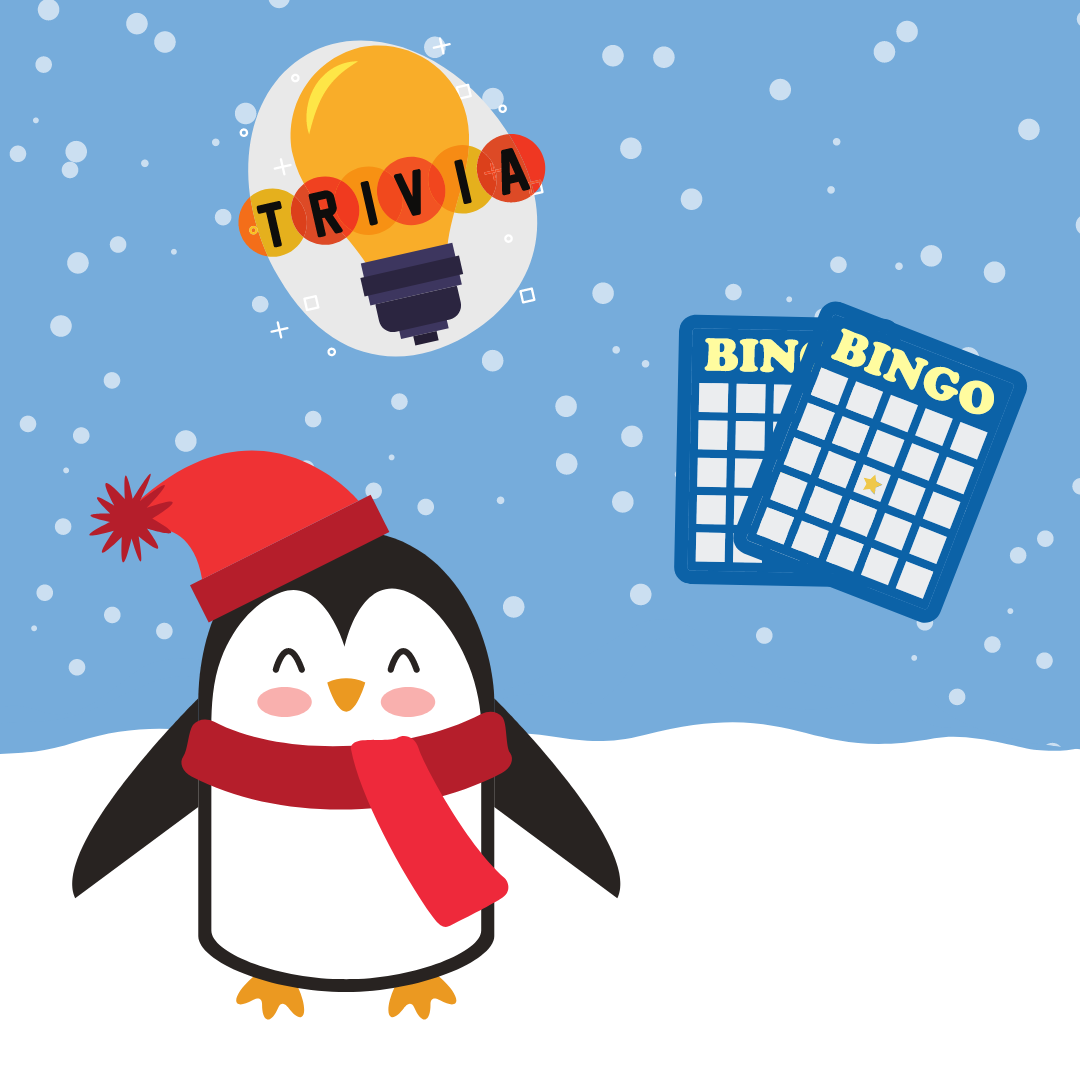 A cartoon penguin smiling next to icons for bingo and trivia