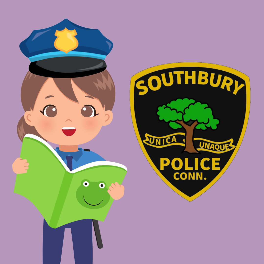 A smiling cartoon police woman reading next to the logo of the Southbury Police Department