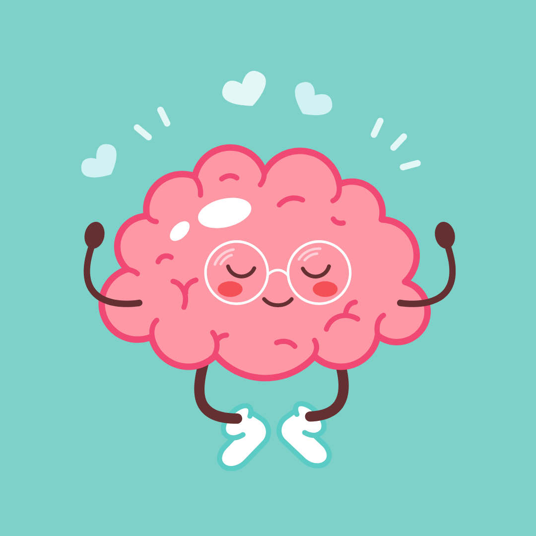 A cartoon style illustration of a smiling brain in glasses meditating and looking relaxed