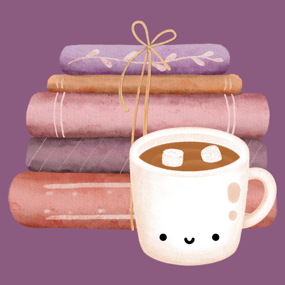 A smiling cartoon mug of hot chocolate in front of a stack of books