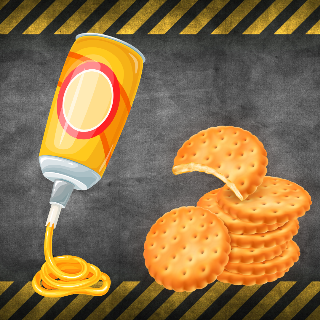 A drawing of cheez whiz and crackers on top of a construction themed background