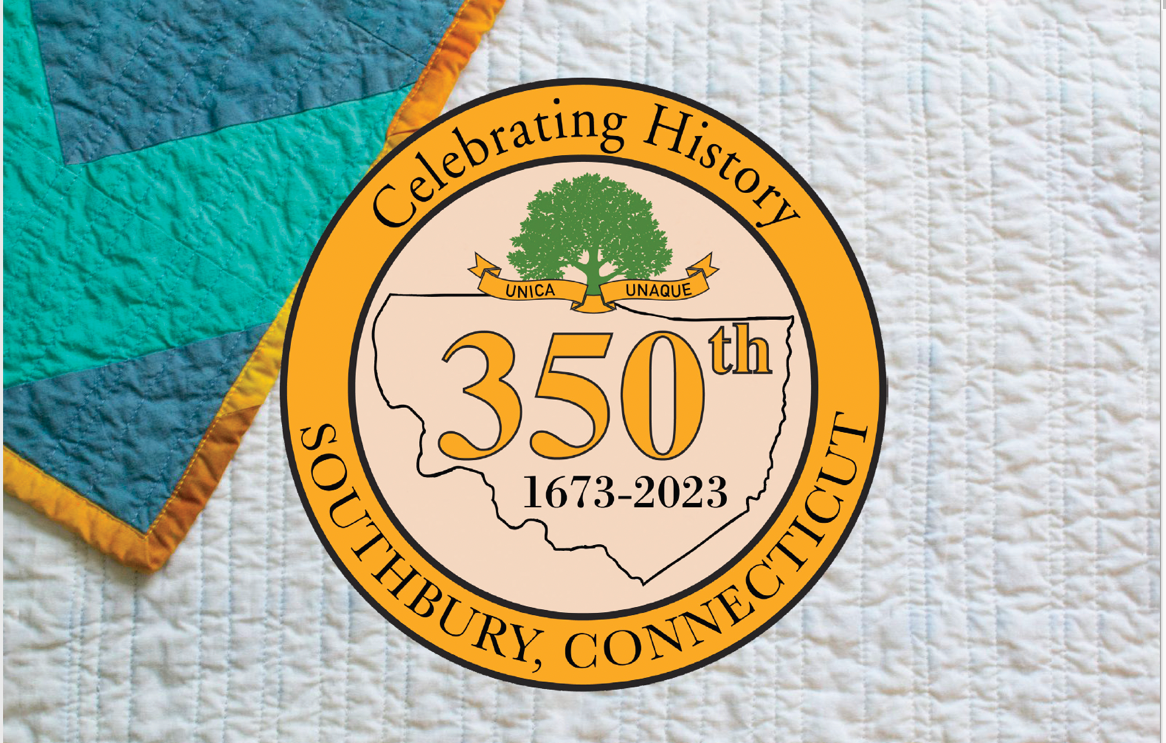 Image of 350th anniversary seal over the image of a quilt