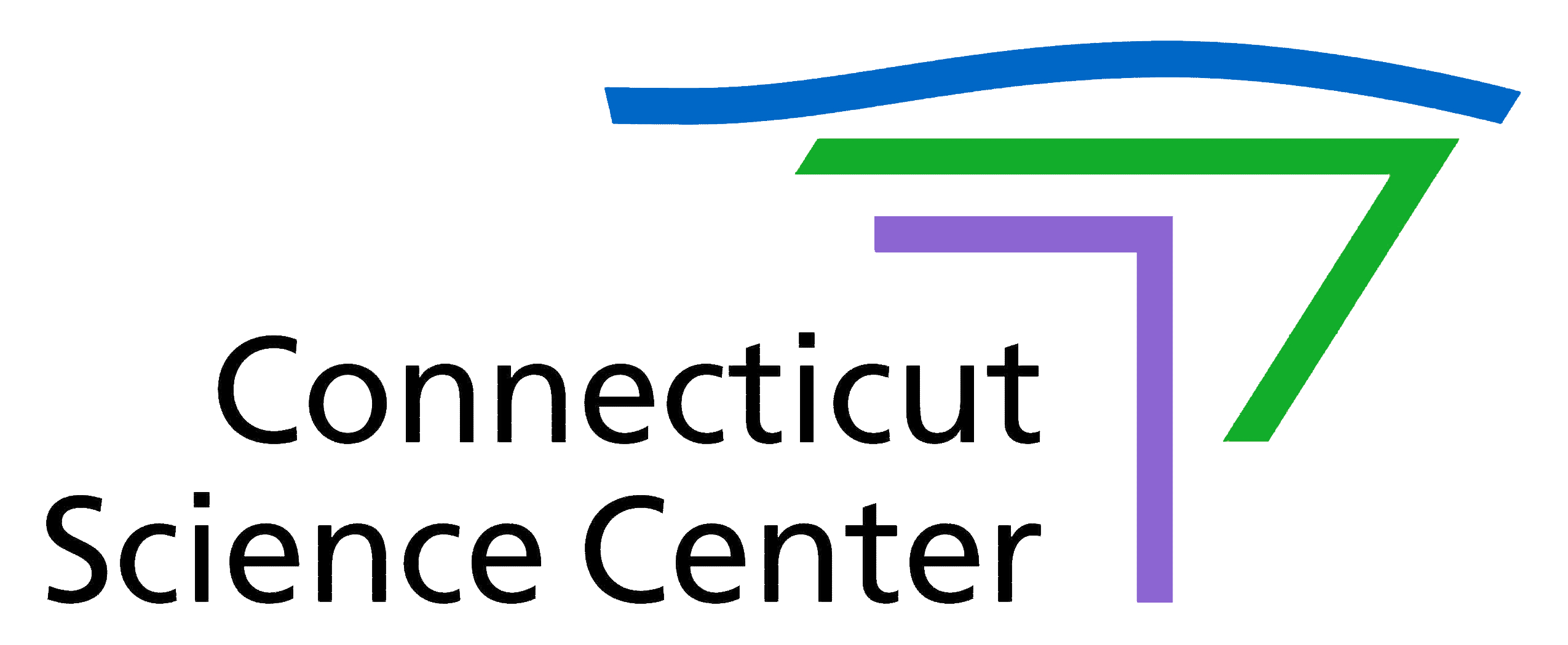 The logo of the Connecticut Science Center (their name in sans serif black type with a swoopy, abstract representation of their building in green, purple, and blue)