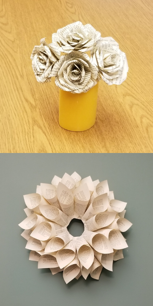 Pictures of the crafts that can be made; a bouquet of paper roses, with print showing that the paper used is from old books. A book page wreath.