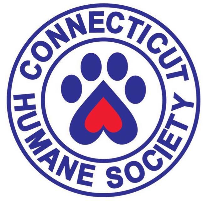 the logo of the Connecticut Humane Society (their name in sans serif all caps blue lettering around a heart shaped paw)