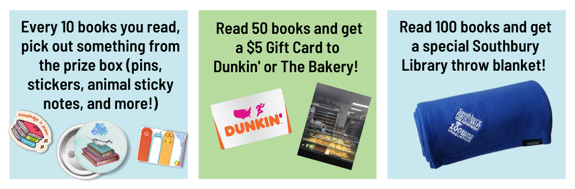 The text "Every 10 Books you read, pick out something from the prize box (pins, stickers, animal sticky notes, and more!). Read 50 Books and get a $5 Gift Card to Dunkin' or the Bakery! Read 100 Books and get a special Southbury Library throw blanket!" and pictures of each of the prizes named.