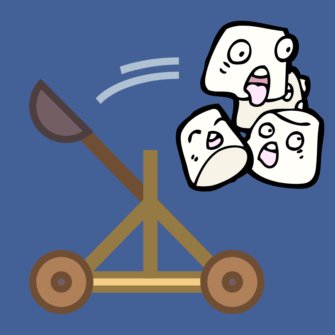 A drawing of a catapult tossing marshmallows