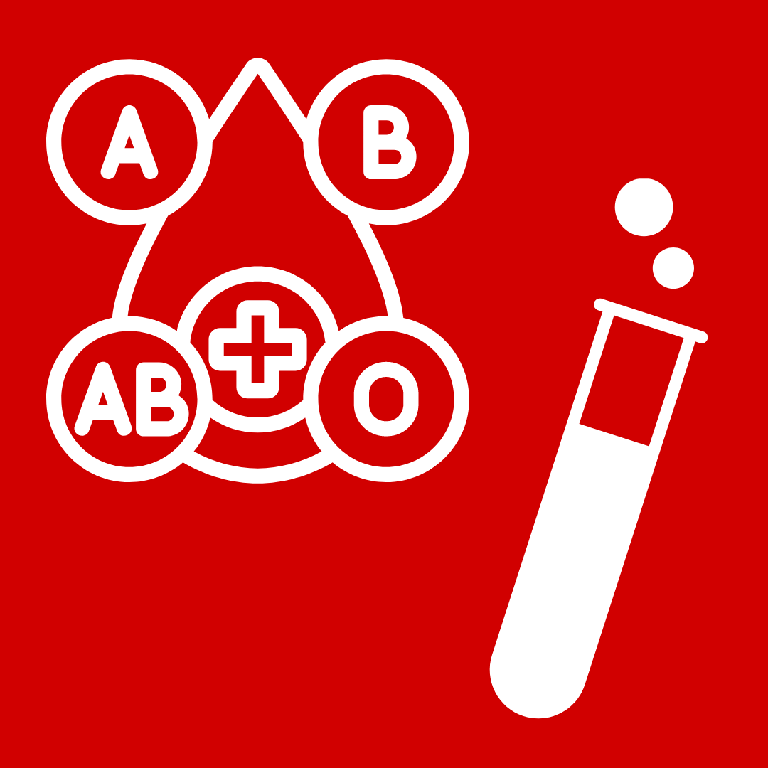 A drawing of a blood drop with A,B,AB, and O around it and a test tube
